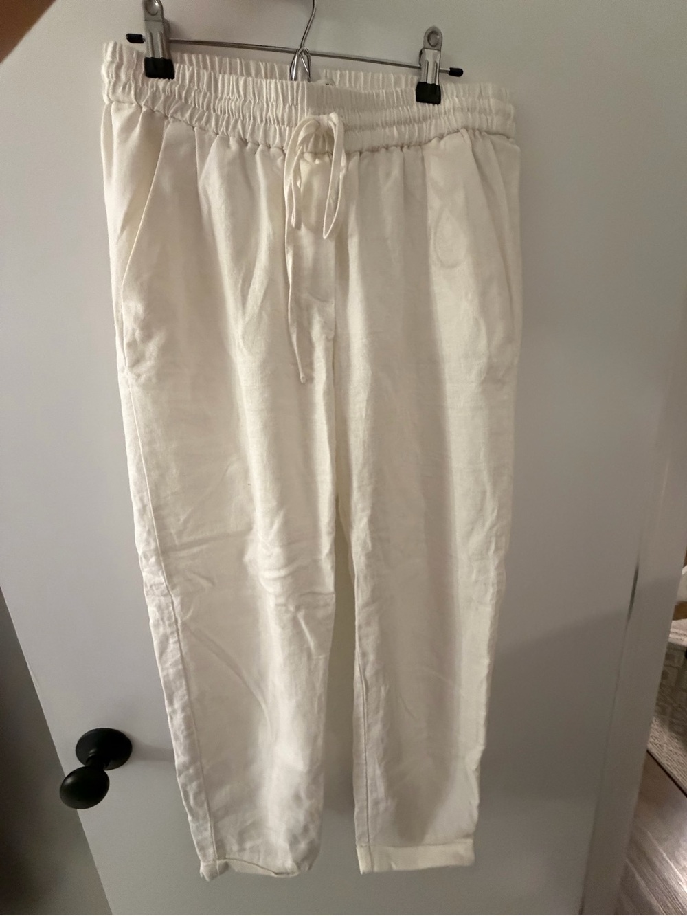 Cream Drawstring Linen-Blend Pants